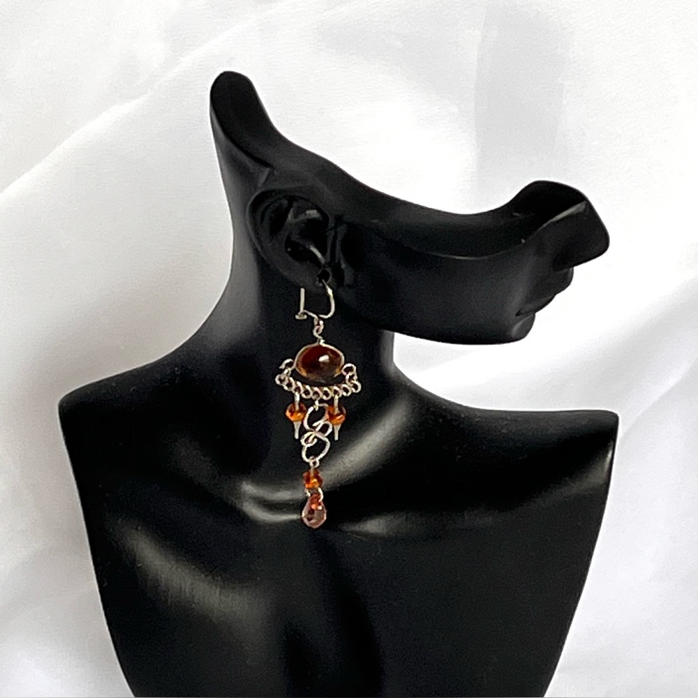 Silvertone Chandelier Earrings Faux Amber Cabochon, Bead & Dagger Shaped Dangles